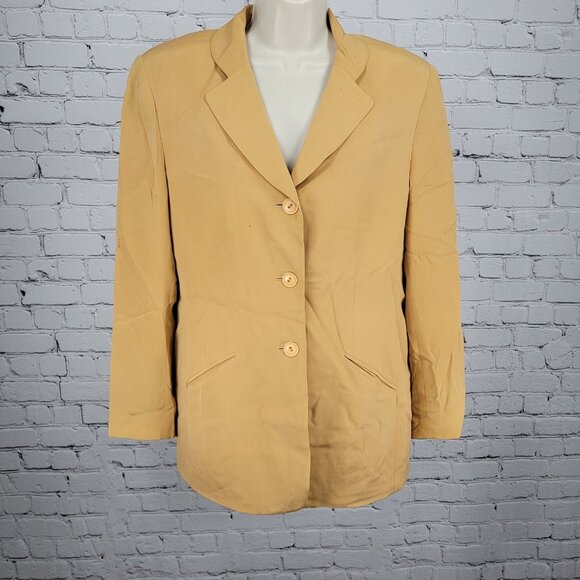 VTG Kasper & Company Yellow 100% Silk Buttoned Lined Notch Suit Jacket 12 - Picture 1 of 16